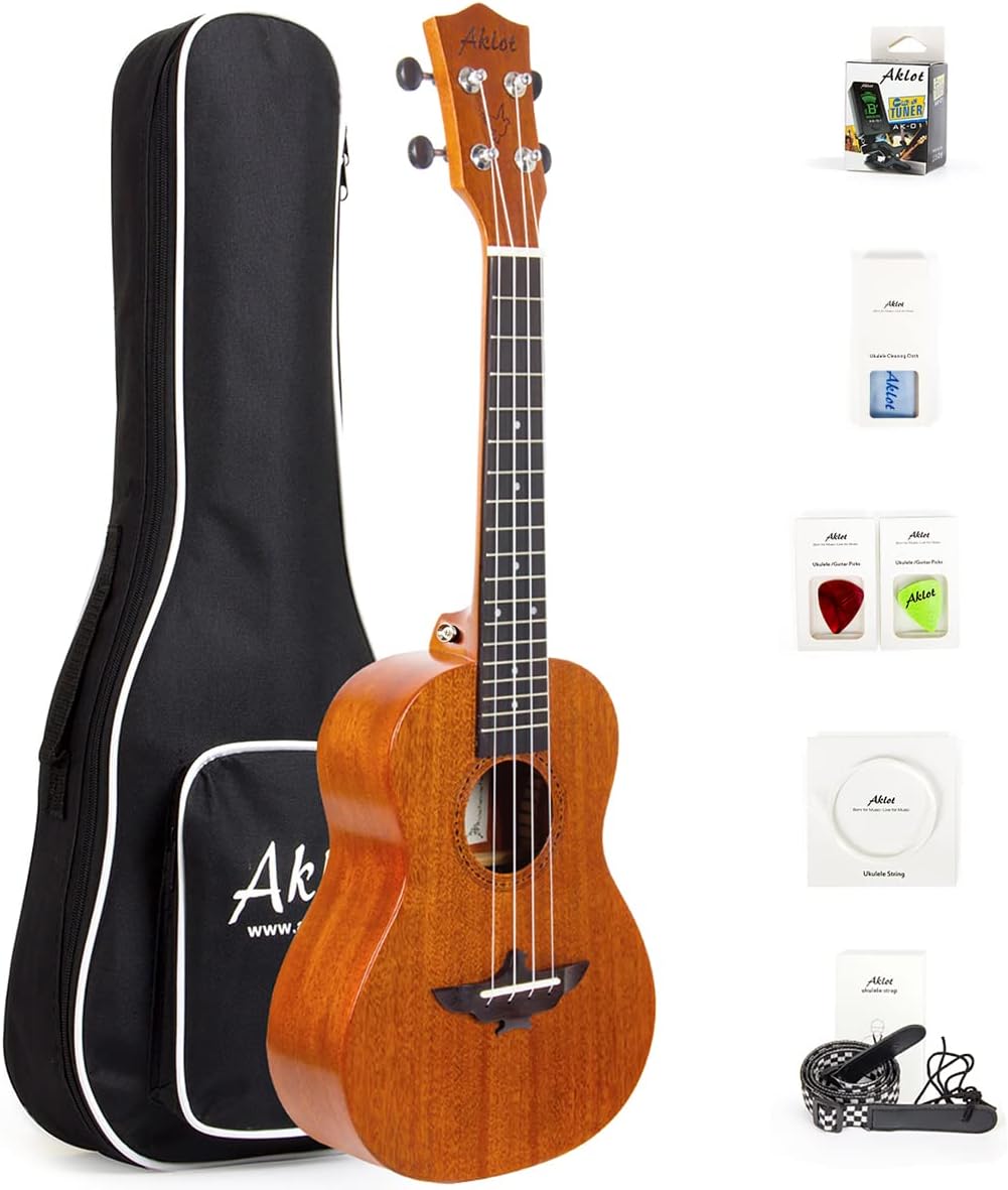 Ukulele, AKLOT Electric Concert Ukelele Solid Mahogany 23 inch for Professional Beginners Adults Kit with Free Online Lesson and Uke Accessories