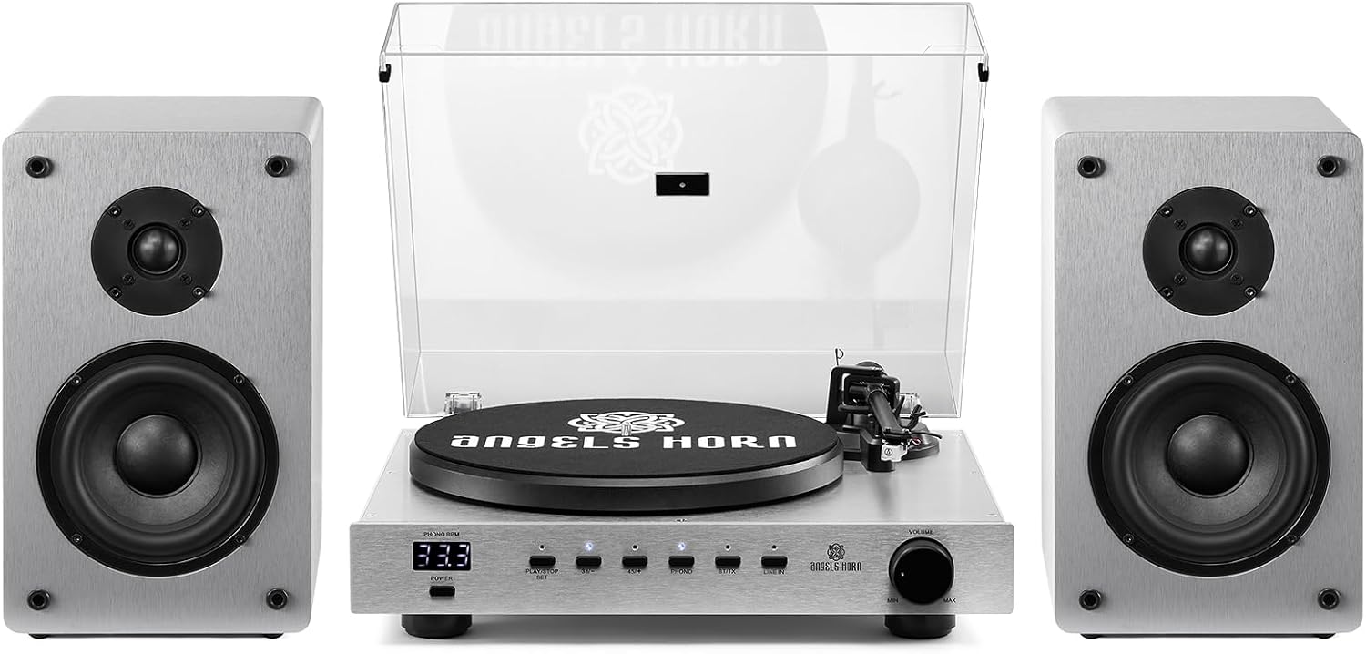 ANGELS HORN Vinyl Record Player with Speakers, Bluetooth Hi-Fi Turntable | Built-in Phono Preamp, Belt Drive 2-Speed, Adjustable Counterweight, Pitch Control