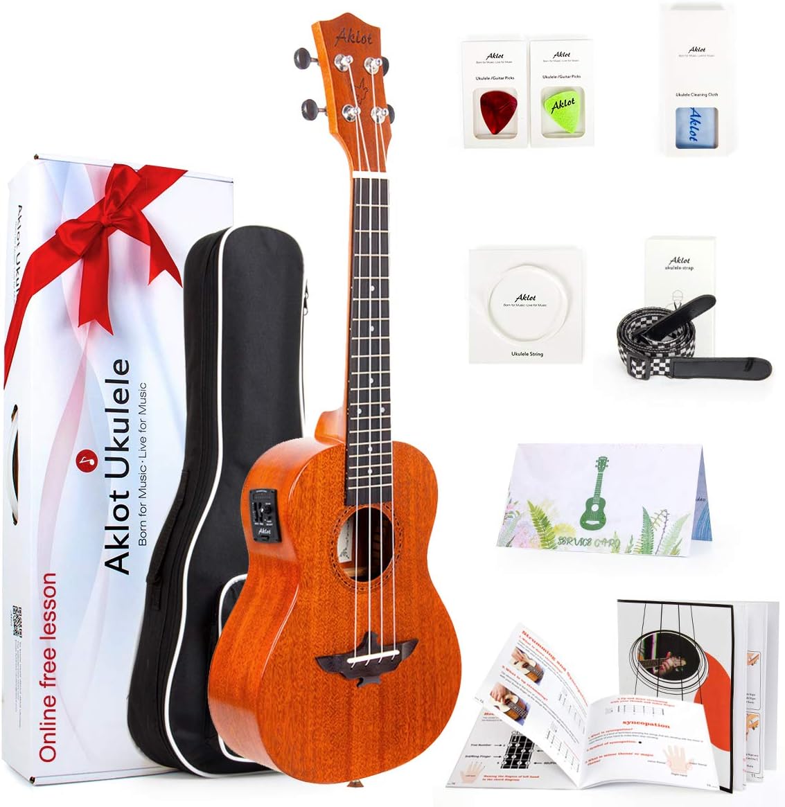 Ukulele, AKLOT Electric Concert Ukelele Solid Mahogany 23 inch for Professional Beginners Adults Kit with Free Online Lesson and Uke Accessories