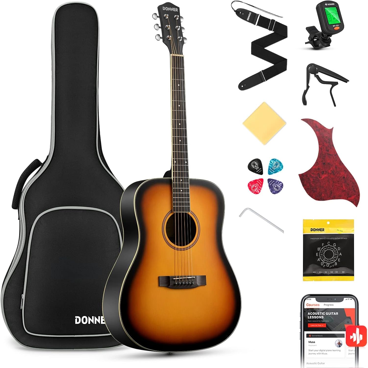 Donner 41” Acoustic Guitar Bundle for Beginners Adults with Online Lesson, 4/4 Full Size Steel Acustica Guitarra with Gig Bag, Tuner, Strap, Strings, Picks, Capos, Cutaway, Natural, DAG-1C/DAD-110C