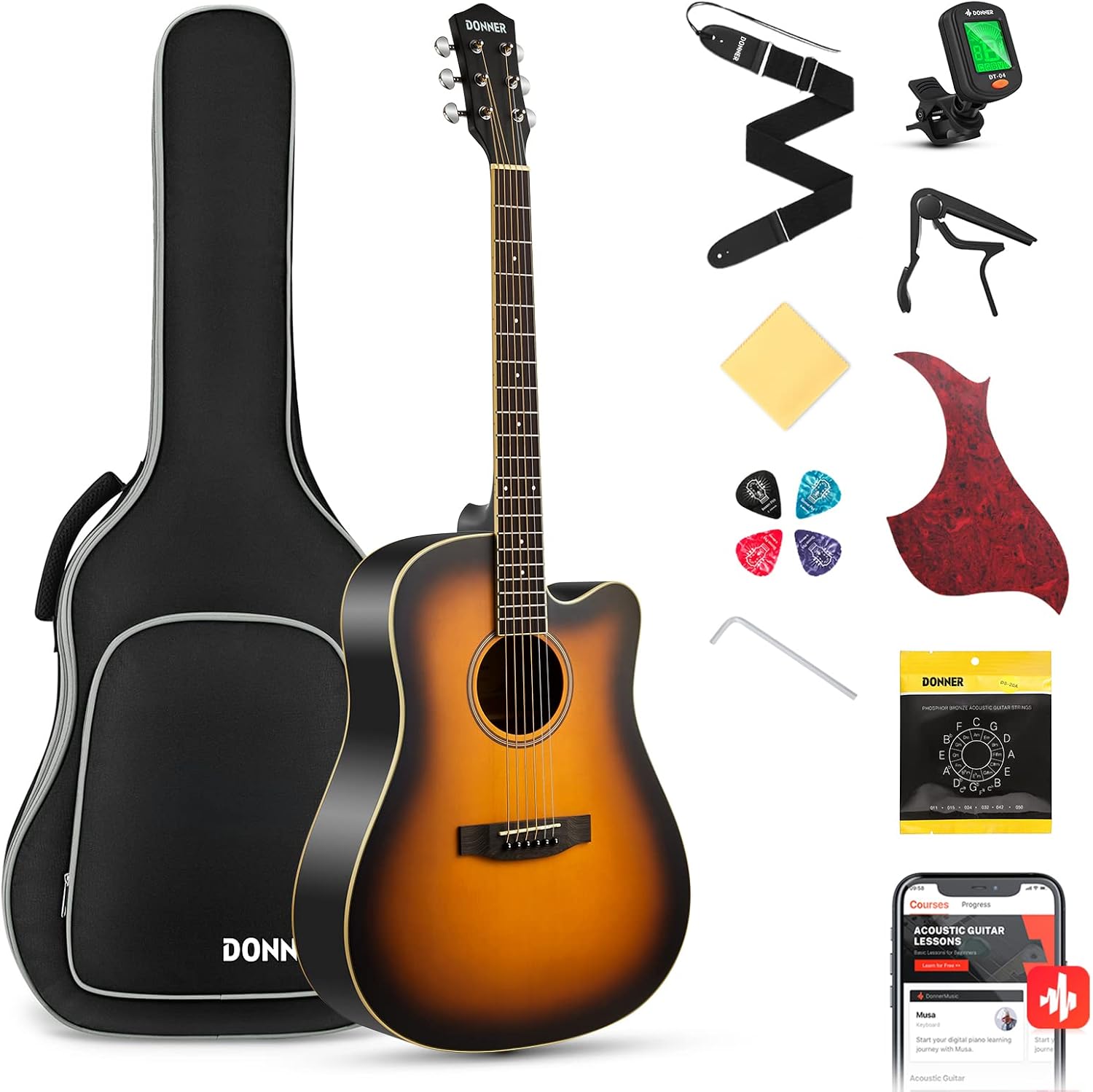 Donner 41” Acoustic Guitar Bundle for Beginners Adults with Online Lesson, 4/4 Full Size Steel Acustica Guitarra with Gig Bag, Tuner, Strap, Strings, Picks, Capos, Cutaway, Natural, DAG-1C/DAD-110C