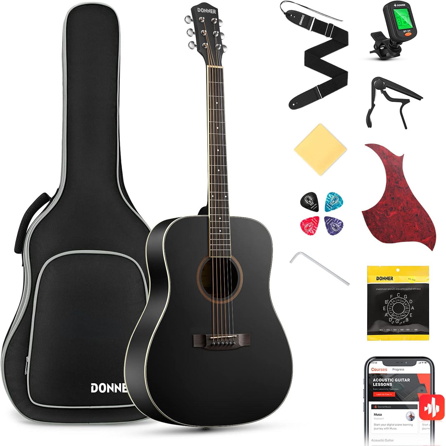Donner 41” Acoustic Guitar Bundle for Beginners Adults with Online Lesson, 4/4 Full Size Steel Acustica Guitarra with Gig Bag, Tuner, Strap, Strings, Picks, Capos, Cutaway, Natural, DAG-1C/DAD-110C