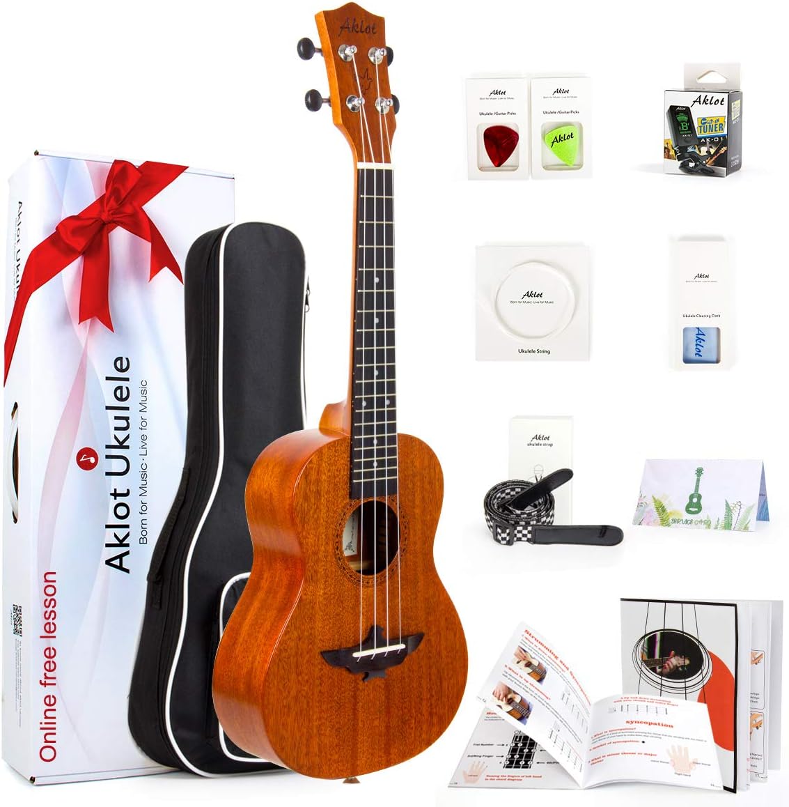 Ukulele, AKLOT Electric Concert Ukelele Solid Mahogany 23 inch for Professional Beginners Adults Kit with Free Online Lesson and Uke Accessories