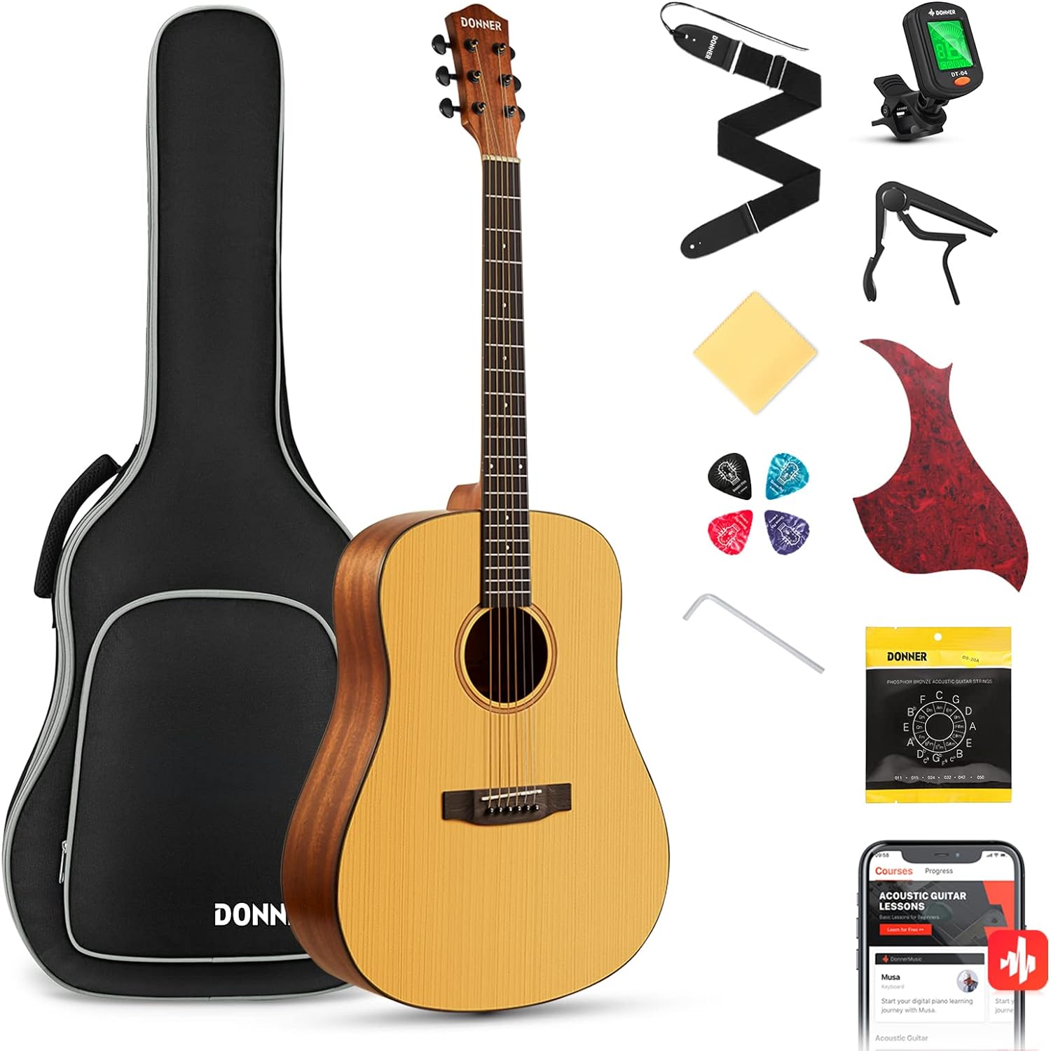 Donner 41” Acoustic Guitar Bundle for Beginners Adults with Online Lesson, 4/4 Full Size Steel Acustica Guitarra with Gig Bag, Tuner, Strap, Strings, Picks, Capos, Cutaway, Natural, DAG-1C/DAD-110C