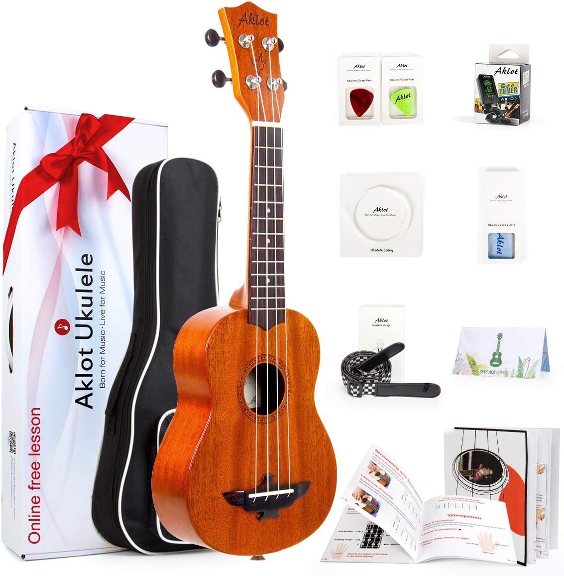 Ukulele, AKLOT Electric Concert Ukelele Solid Mahogany 23 inch for Professional Beginners Adults Kit with Free Online Lesson and Uke Accessories