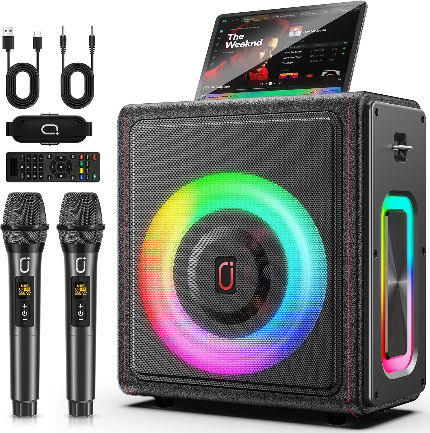 Karaoke Machine, Portable Bluetooth 5.3 Speaker with 3 Wireless Microphones for Adults, 300W Retro Leather PA System with Pitch Correction, Supports TV/TWS/TF Card/USB/AUX/Live
