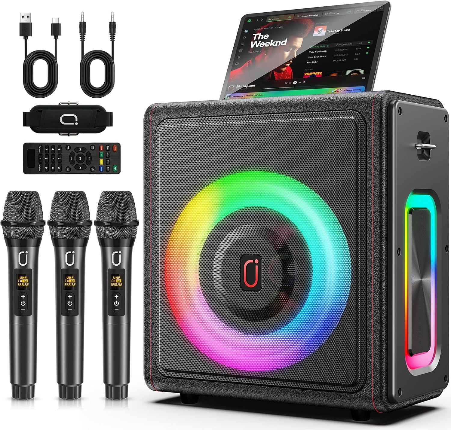 Karaoke Machine, Portable Bluetooth 5.3 Speaker with 3 Wireless Microphones for Adults, 300W Retro Leather PA System with Pitch Correction, Supports TV/TWS/TF Card/USB/AUX/Live